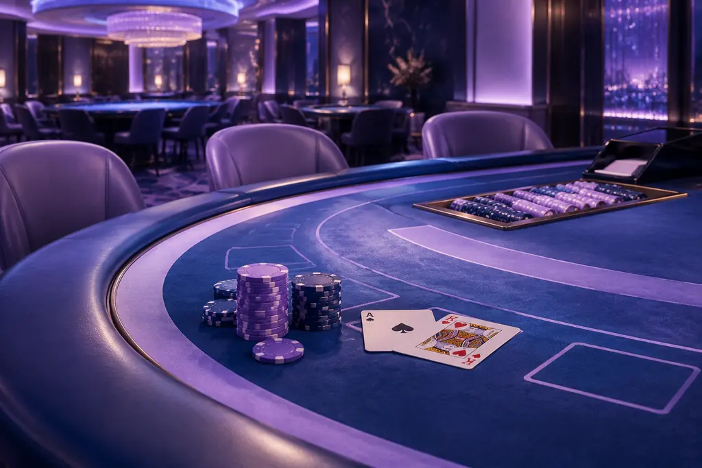 Meja blackjack dengan kartu dan chip di ruang kasino.