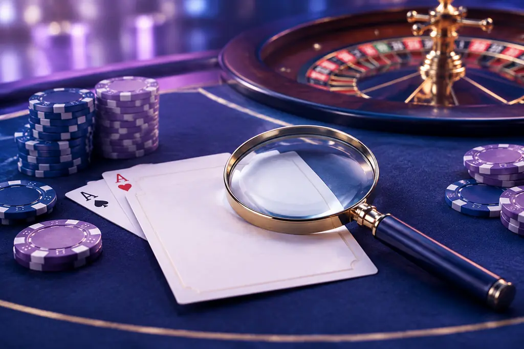 Kaca pembesar, catatan dan perlengkapan roulette.