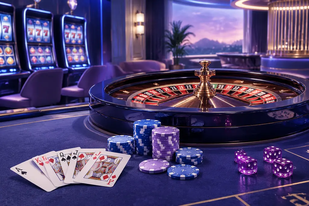 Roda roulette, kartu, dadu dan kabinet slot dalam suasana kasino.