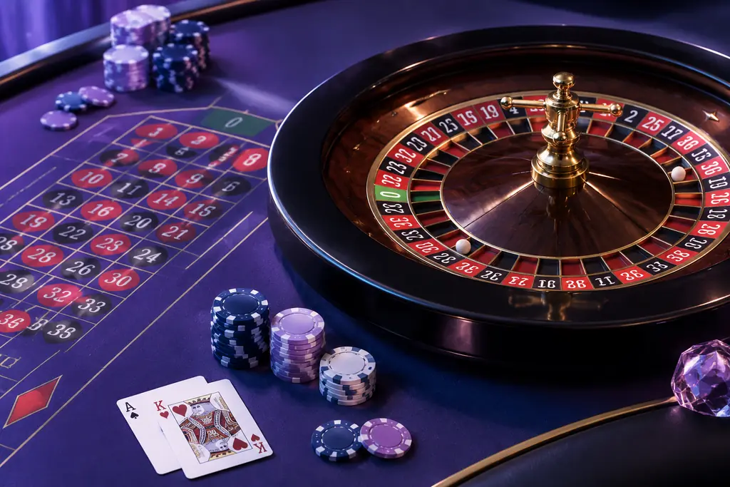 Roda roulette dan tata letak angka dengan chip.