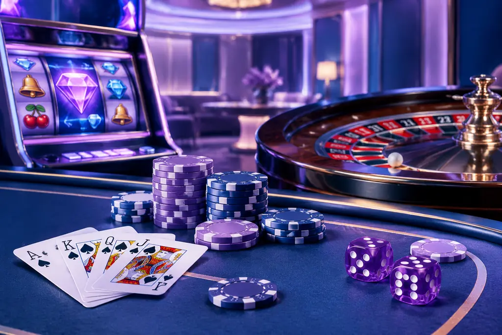 Layar permainan slot dan roulette di samping kartu serta chip.