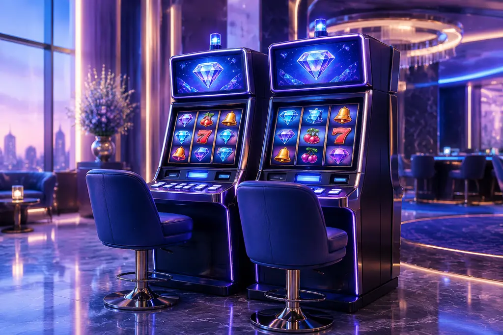 Kabinet slot dengan simbol permata dan kursi kosong.
